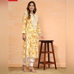 New Chikankari Handmade Embroidered yellow printed floral Georgette Kurti